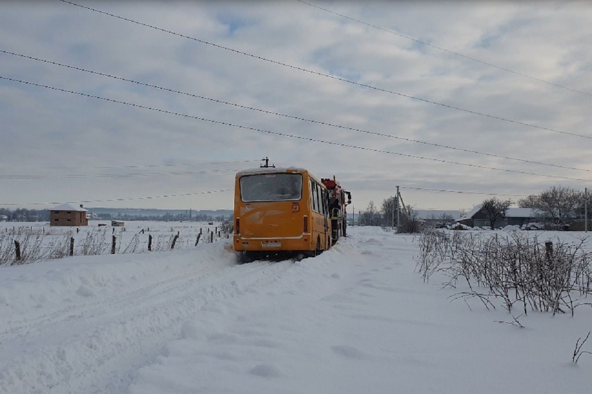 На Буковине школьный автобус с детьми застрял в сугробе: фото