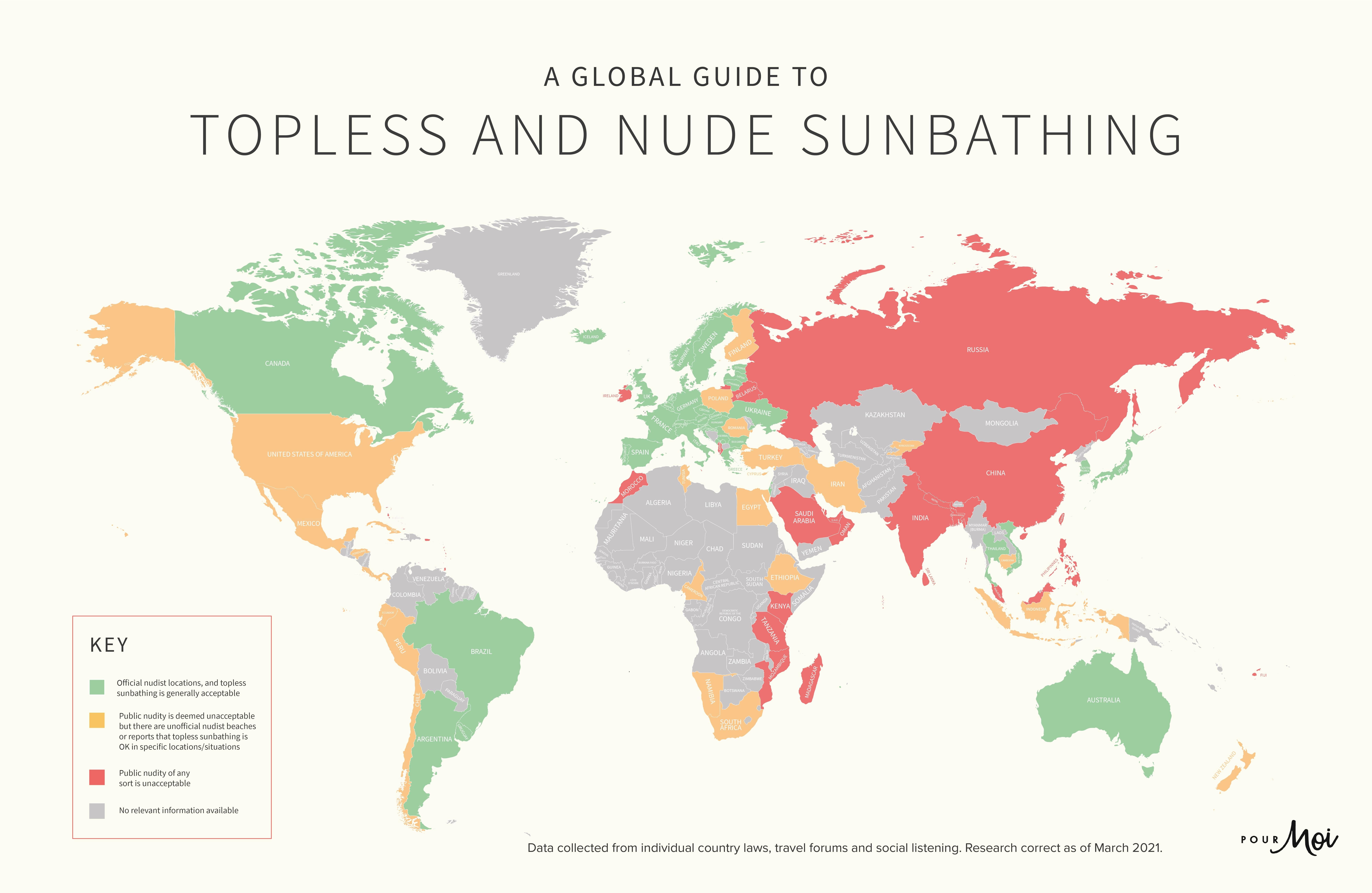 У мережі опублікували мапу, яка показує, в яких країнах дозволено засмагати топлес і оголеним
