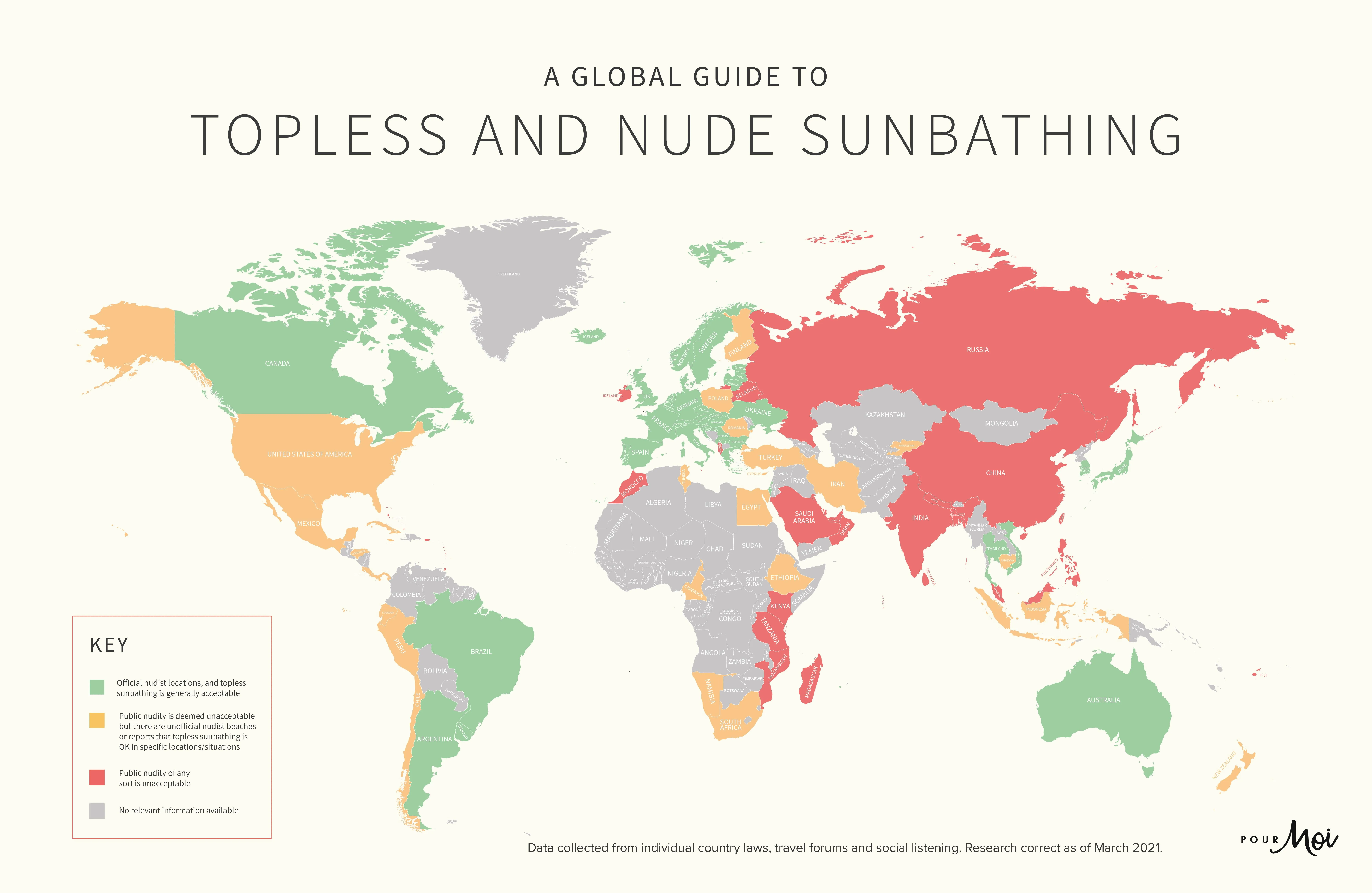 У мережі опублікували мапу, яка показує, в яких країнах дозволено засмагати топлес і оголеним