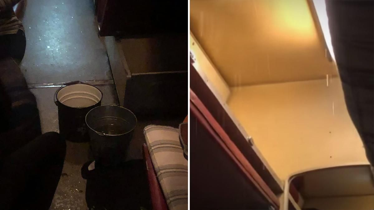 Пассажирам УЗ пришлось ехать с ведрами через дырявый потолок: видео