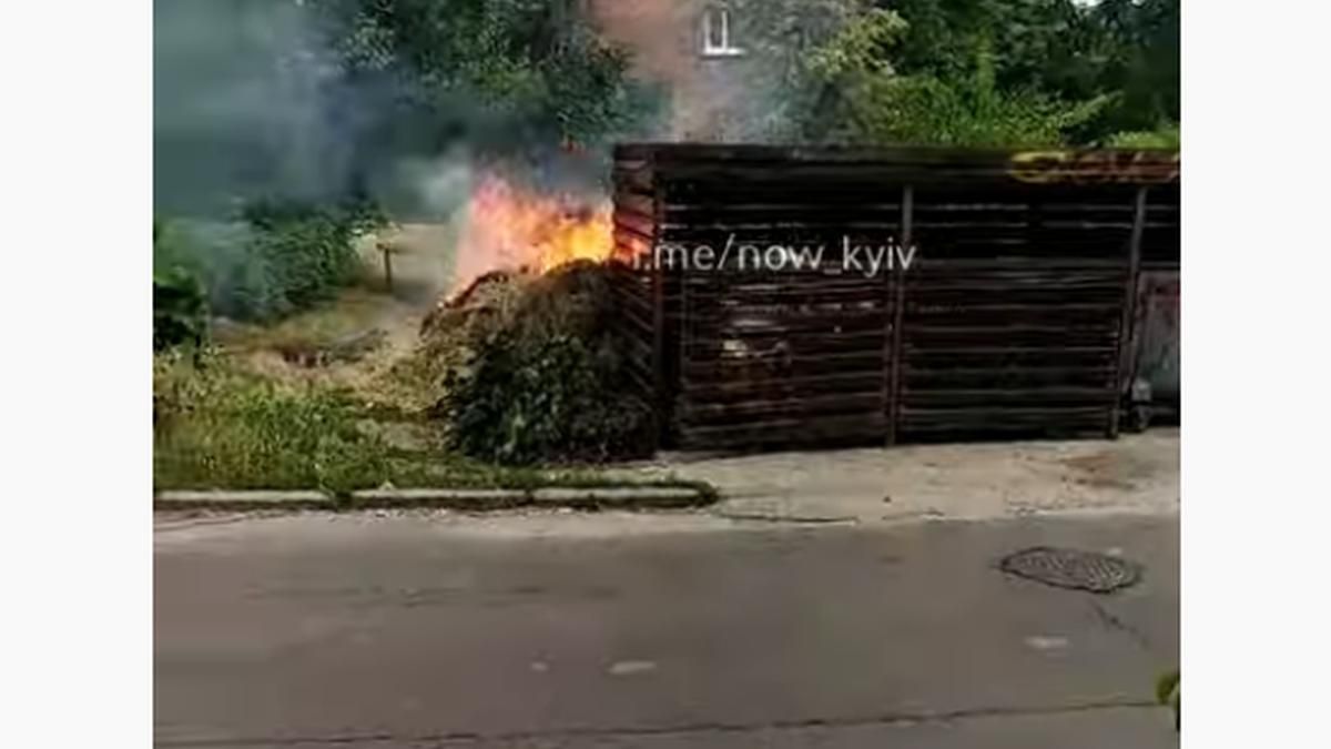В Киеве во дворе многоэтажки горела скошенная трава