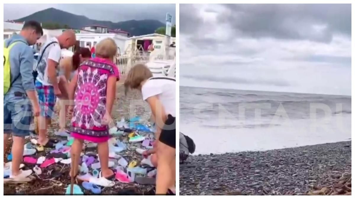 Туристы в Сочи набросились на шлепки которые выбросило на берег Туристы в Сочи набросились на шлепки которые выбросило на берег