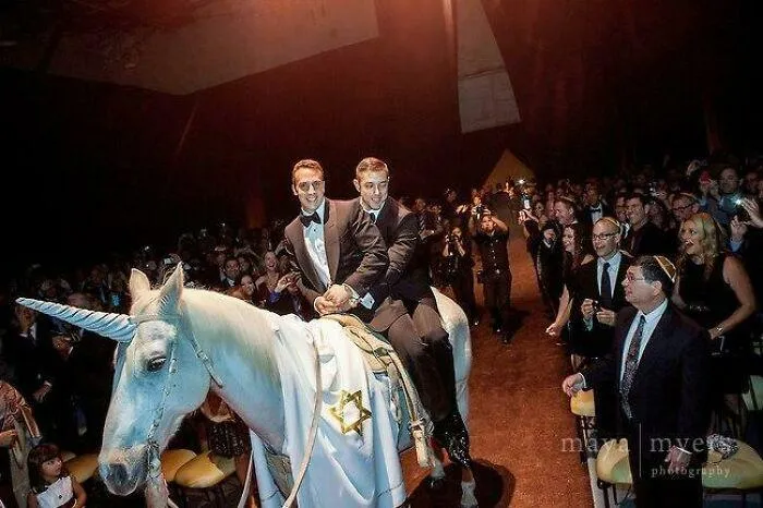 Невесты проехались на коне, одетый в единорога