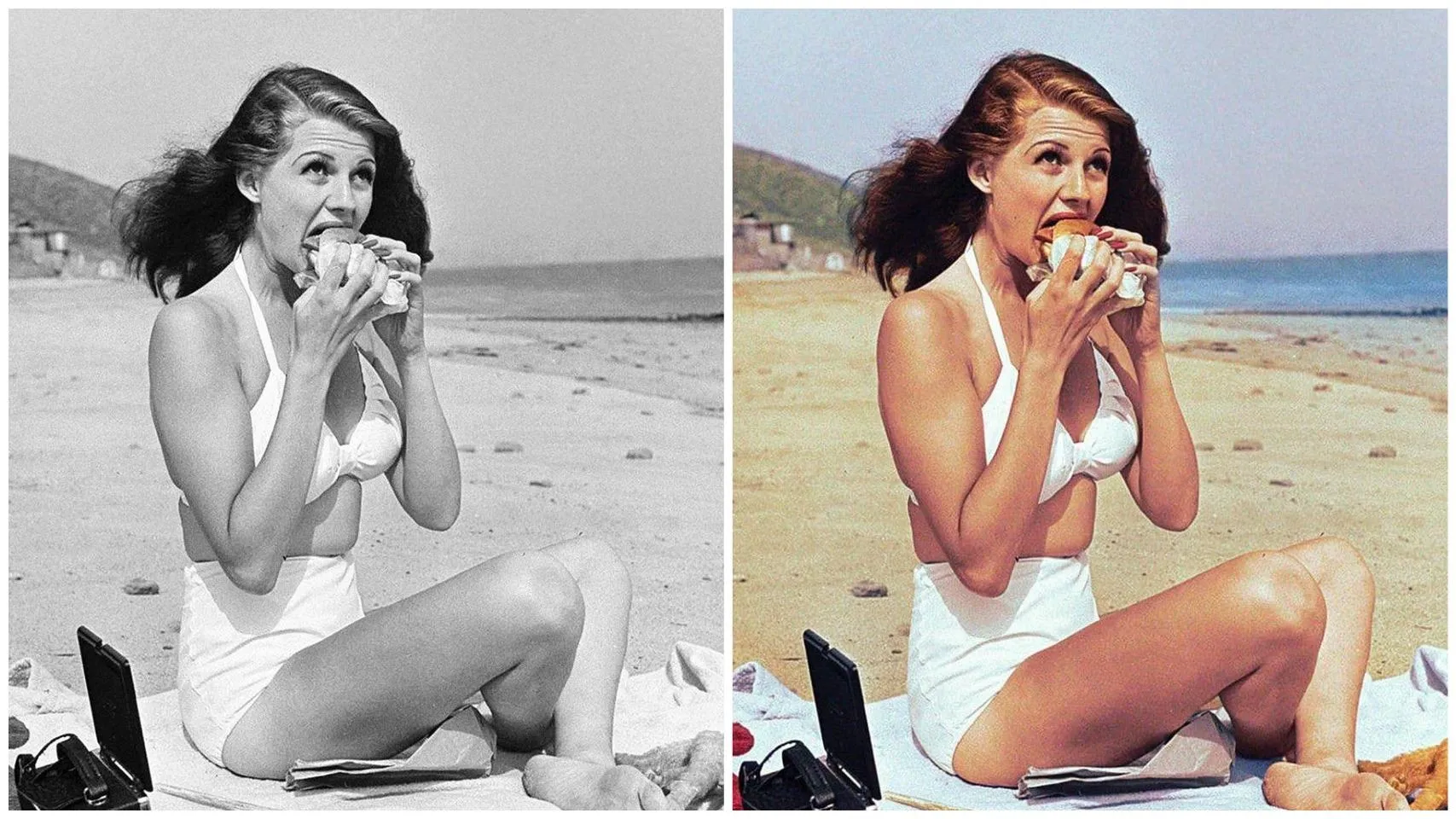 Ріта Гейворт, яка їсть на пляжі, 1947 рік