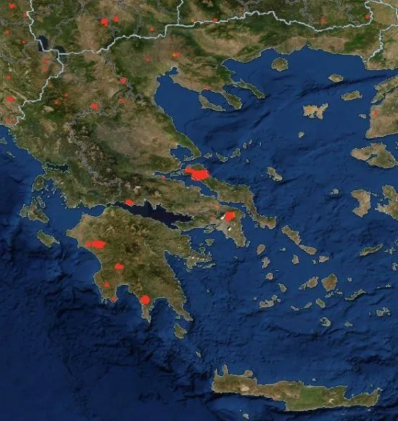 карта осередків пожеж у Греції
