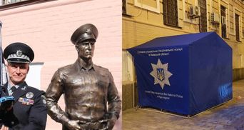 После жалоб памятник полицейскому, похожий на Небытова, накрыли палаткой: красноречивое фото