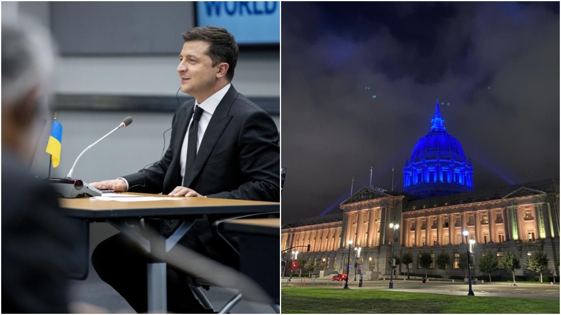 Зеленський першим з президентів України прибув у Каліфорнію: мерію підсвітили кольорами прапора - 24 Канал Зеленський першим з президентів України прибув у Каліфорнію: мерію підсвітили кольорами прапора - 24 Канал