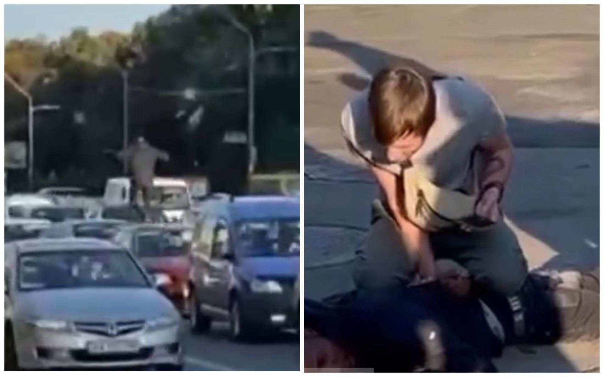 Чоловік бігав по дахах авто, поки вони стояли в заторах у Києві: відео моменту - Новини кримінал - Київ