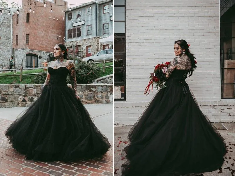 Черное платье прекрасно дополняет образ невесты
