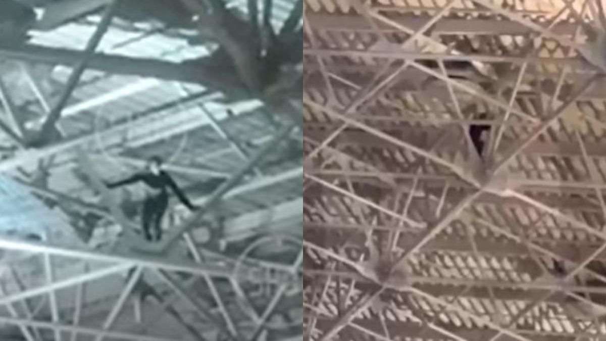 "Скелелаз" в російському аеропорту: чоловік заліз під дах терміналу – епічне відео - Новини росії - 24 Канал