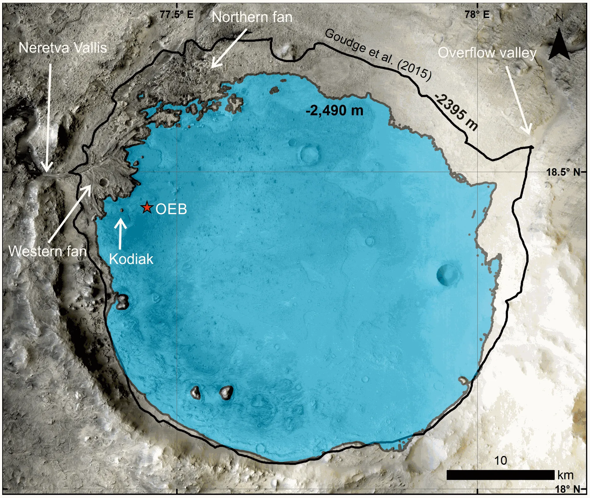 Схематичне зображення древнього озера в кратері кратері Езеро Схематичне зображення древнього озера в кратері кратері Езеро