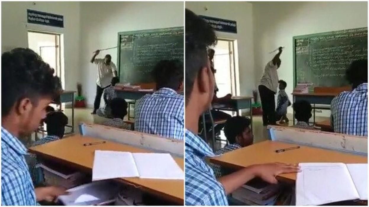 В Индии учитель физики поставил ученика на колени и побил палкой, ибо тот прогулял урок: видео