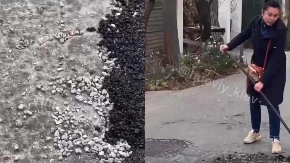 В Киеве женщине не понравилась залатанная яма на дороге: она взяла ситуацию в свои руки В Киеве женщине не понравилась залатанная яма на дороге: она взяла ситуацию в свои руки