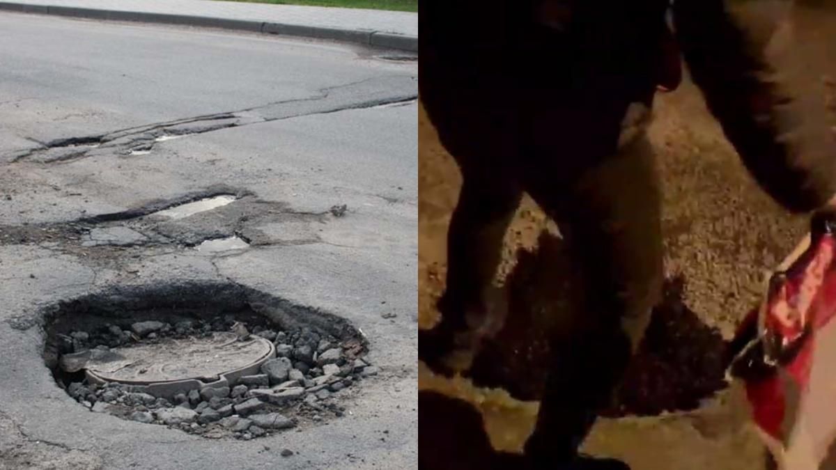 Все-таки залатали: в Киеве неравнодушные засыпали яму на дороге, которую лопатой разбила женщина