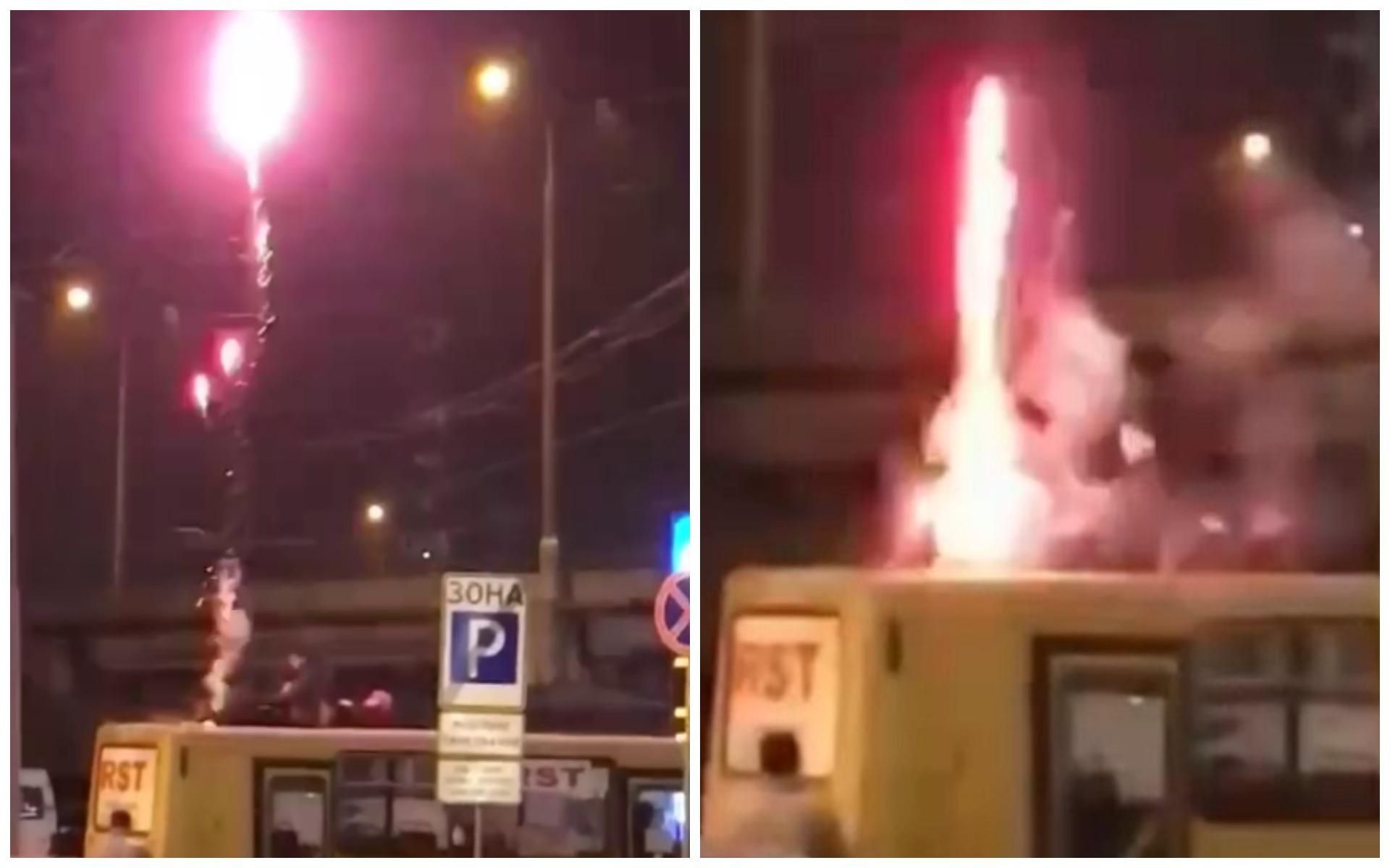 В Днепре подростки вылезли на крышу маршрутки и запустили салют: видео фейерверка В Днепре подростки вылезли на крышу маршрутки и запустили салют: видео фейерверка