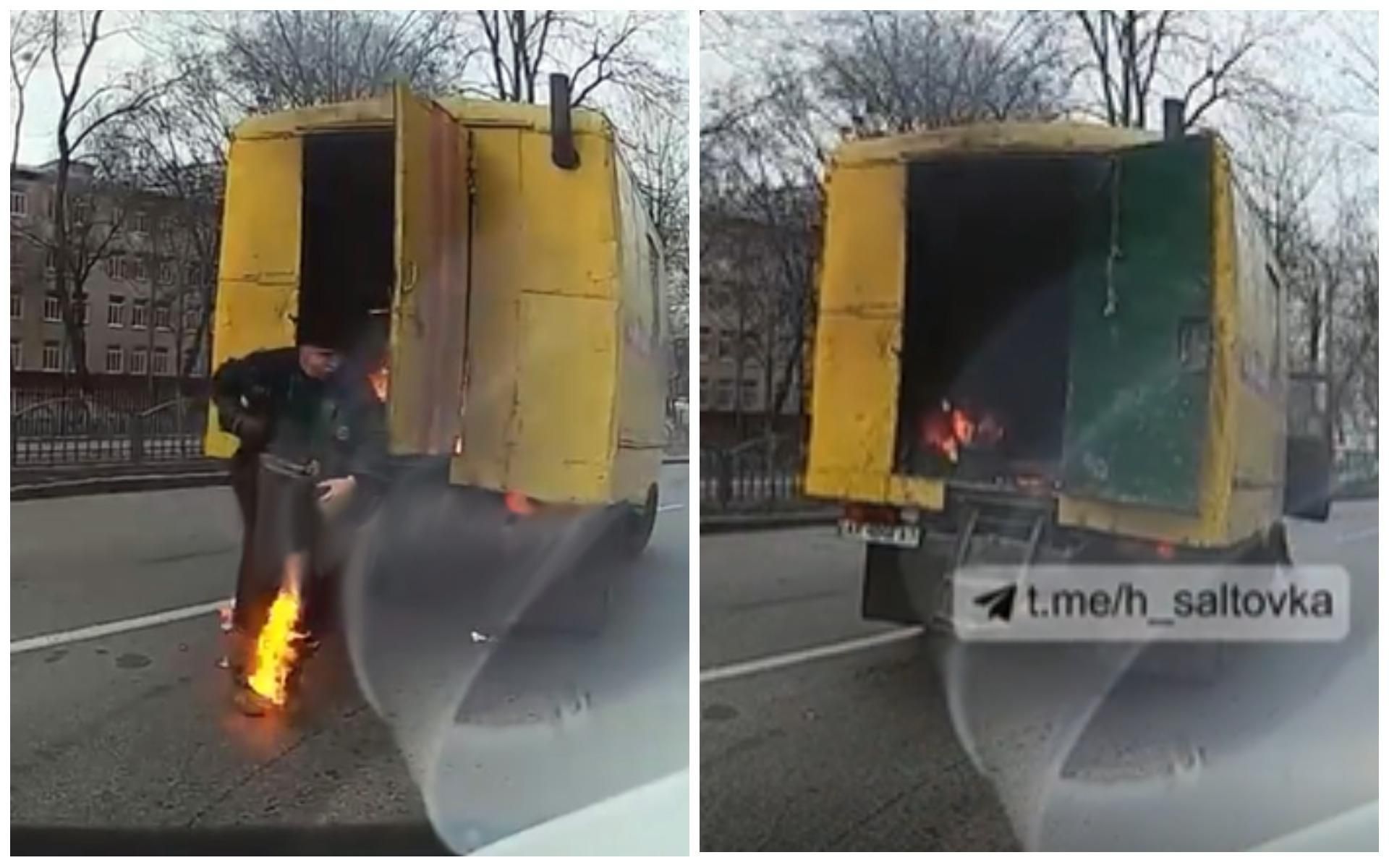 В Харькове загорелась машина с коммунальщиками: жуткое видео