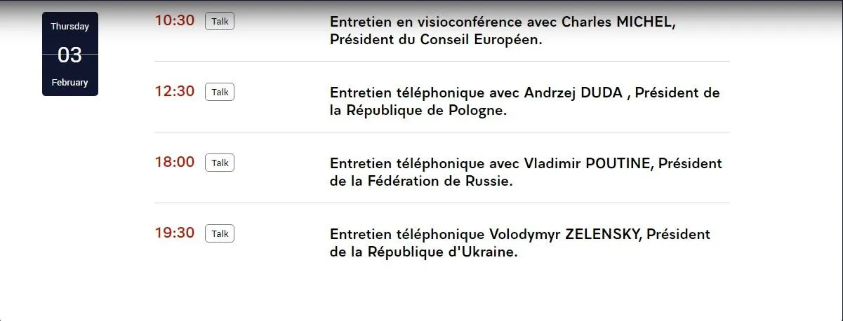 Графік дзвінків Макрона на 3 лютого