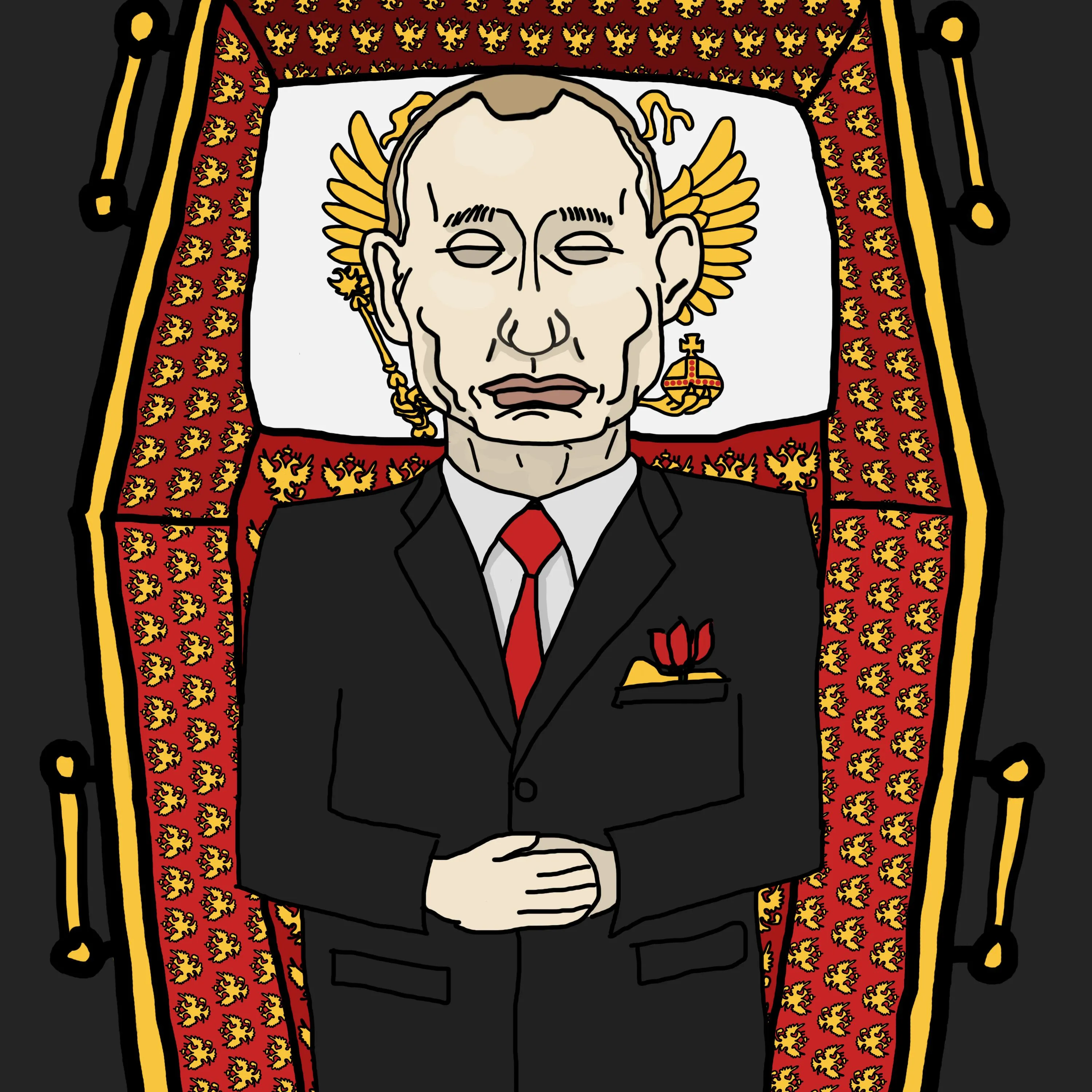 Путін у золотій труні, обшитій гербами Росії