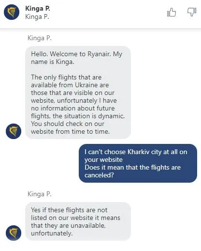 Ryanair видалила Харків і Херсон зі свого сайту