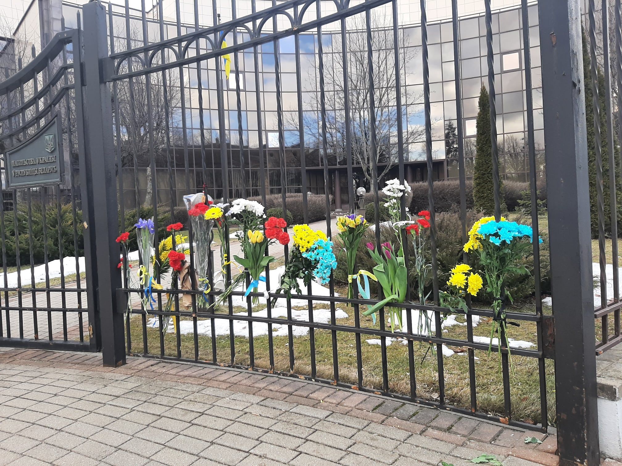 Белорусы несут цветы под посольство Украины в Минске