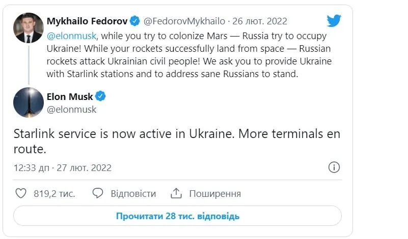 Твіт Федорова і відповідь Маска