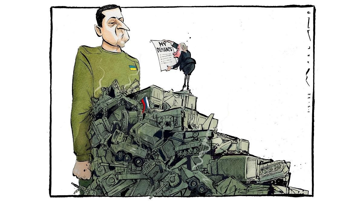 Мужній Зеленський і крихітка Путін на купі зламаних танків: The Times створили шарж про Україну - 24 Канал
