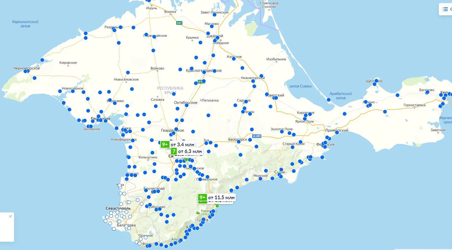карта выставленных на продажу объектов недвижимости в Крыму