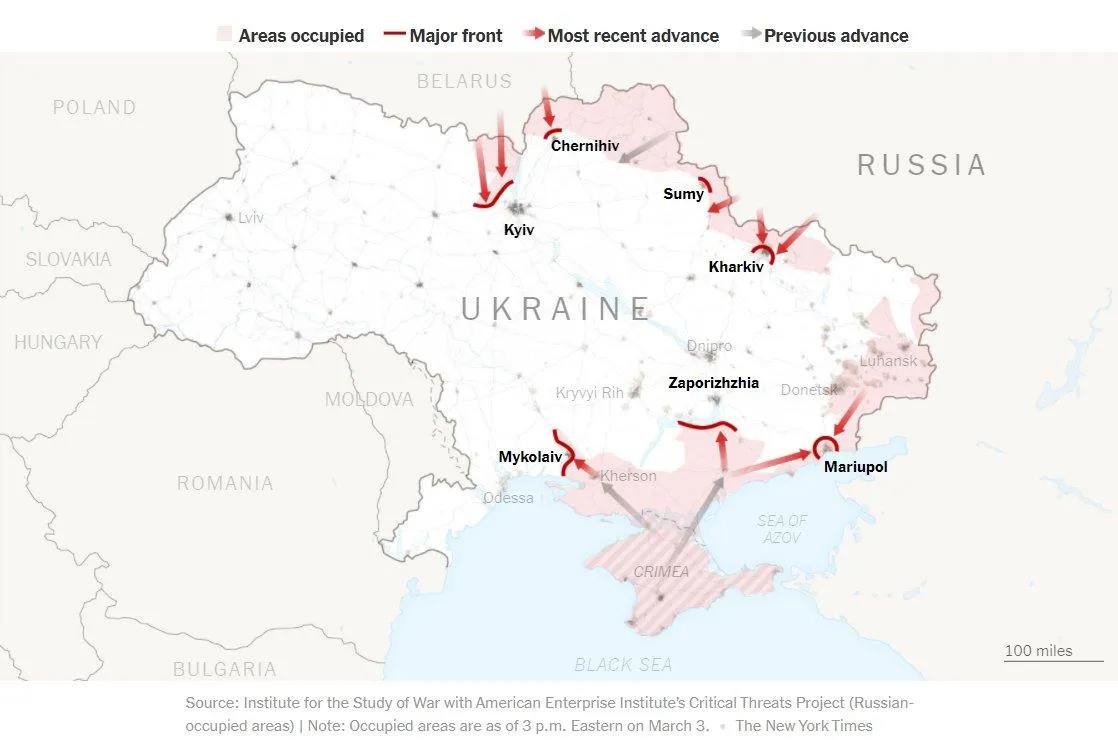 Карта вторгнення станом на 3 березня Карта вторгнення станом на 3 березня