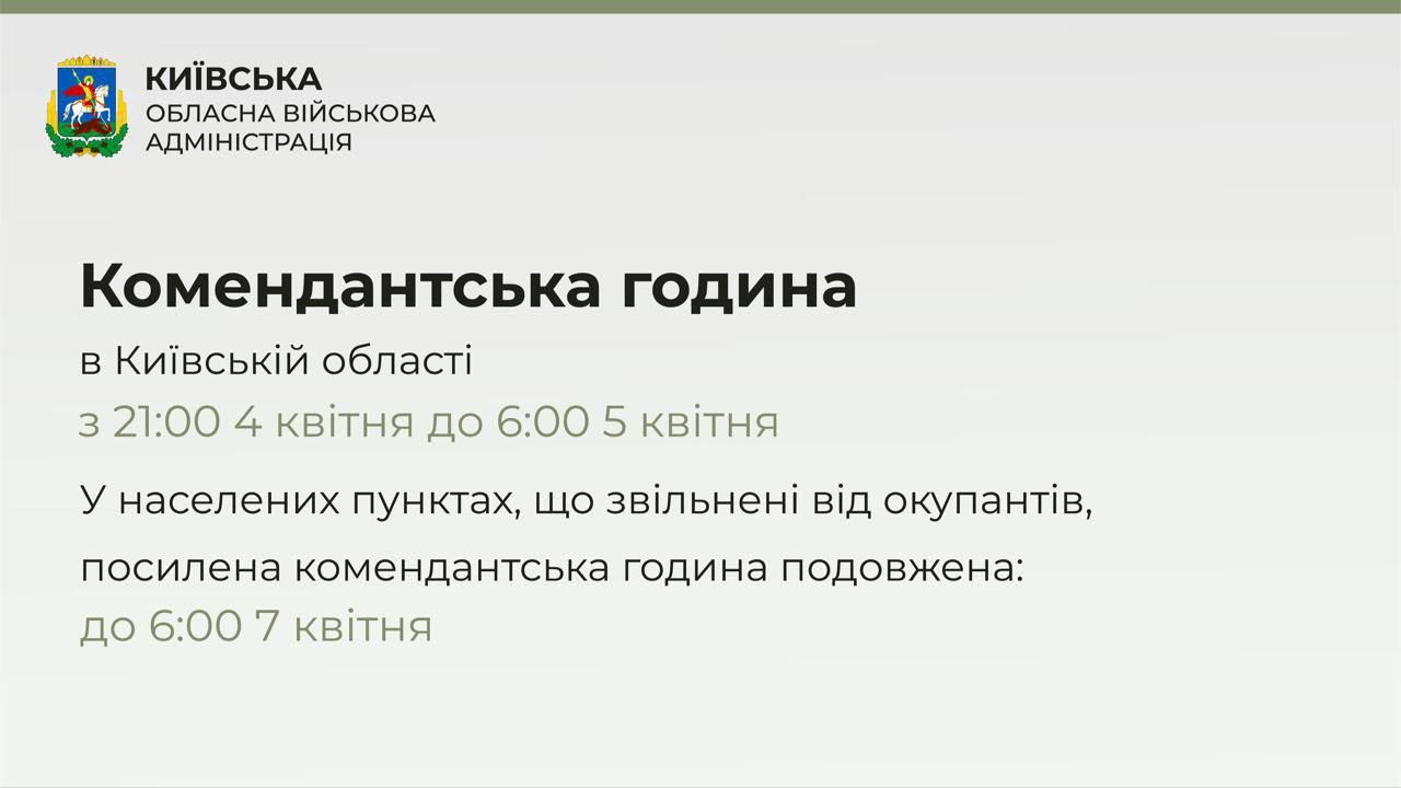 Дію посиленої комендантської години у звільнених населених пунктах на Київщині подовжено