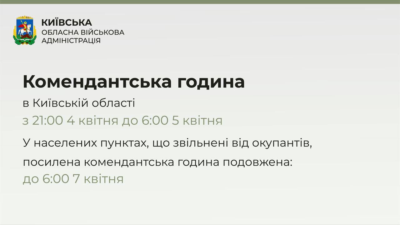 Действие усиленного комендантского часа в освобожденных населенных пунктах Киевщины продлено Действие усиленного комендантского часа в освобожденных населенных пунктах Киевщины продлено