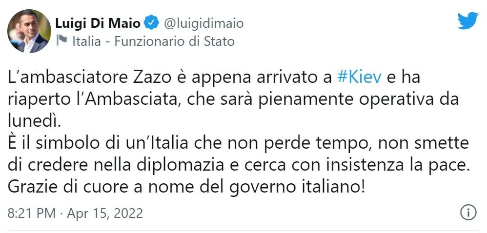 Посольство Італії відновить роботу у Києві після 17 квітня Посольство Італії відновить роботу у Києві після 17 квітня