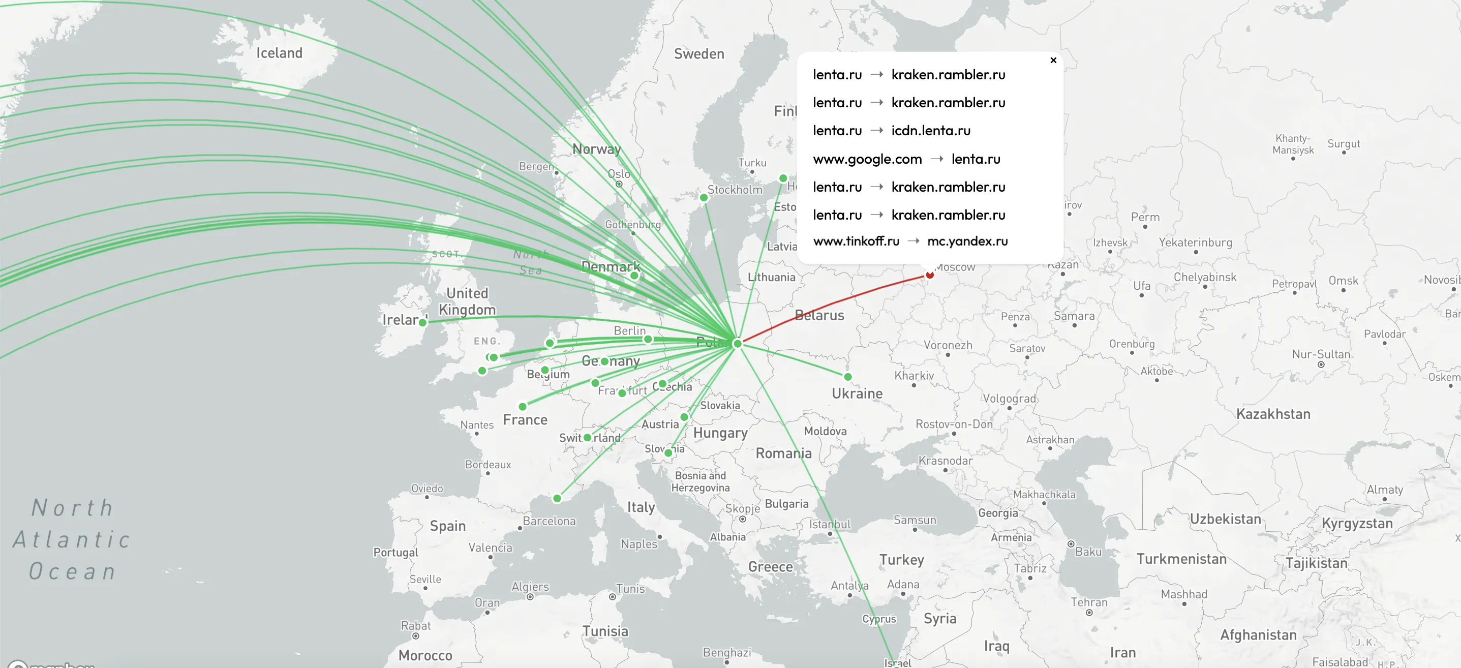 Интерактивная карта в SpyBuster показывает, куда идет трафик