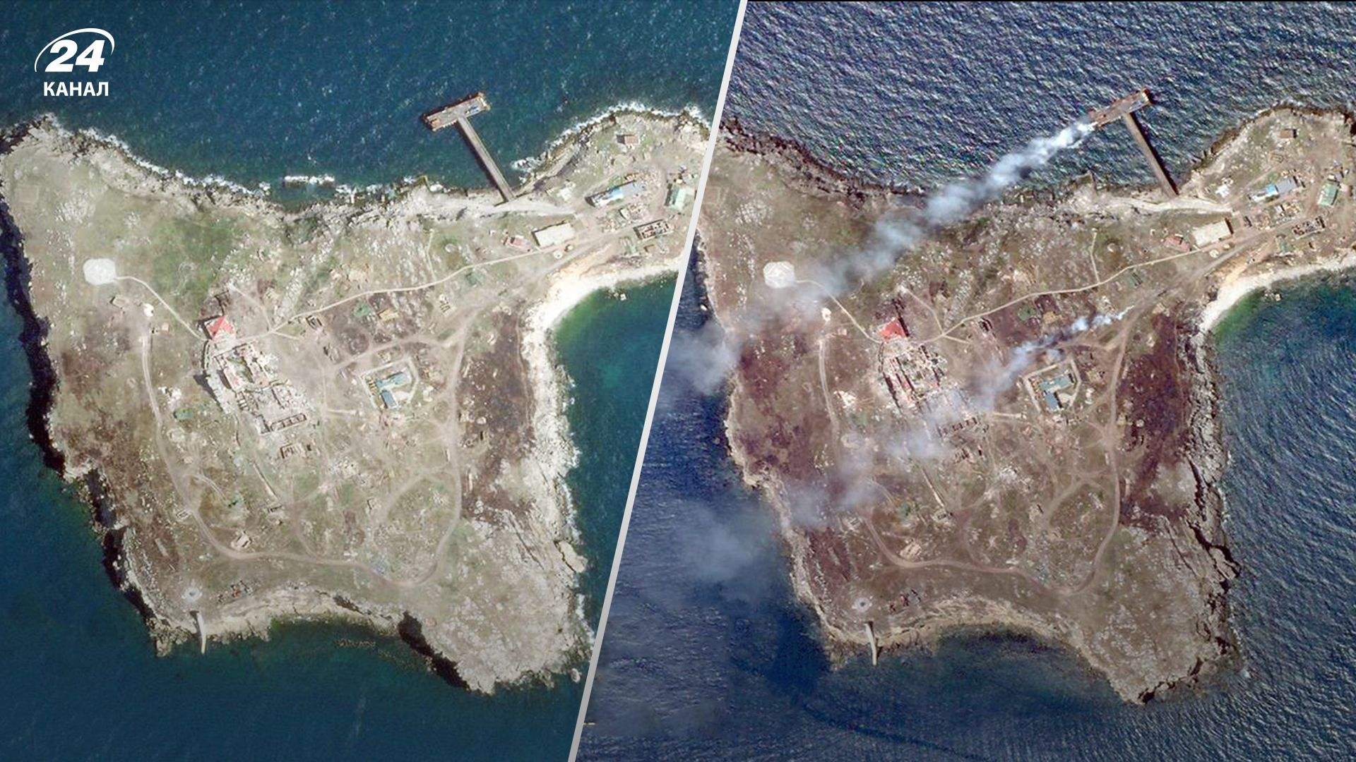 Супутникові фото Зміїного до та після удару ЗСУ 29 – 30 червня 2022