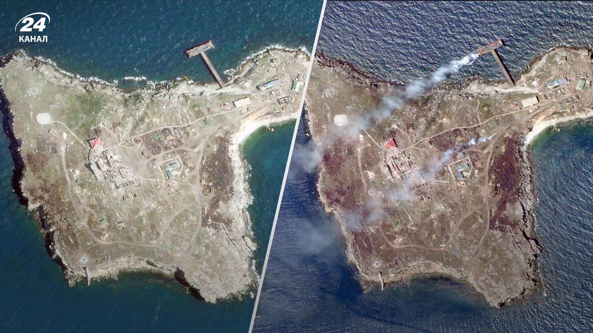 Спутниковые фото Змеиного до и после удара ВСУ 29 – 30 июня 2022