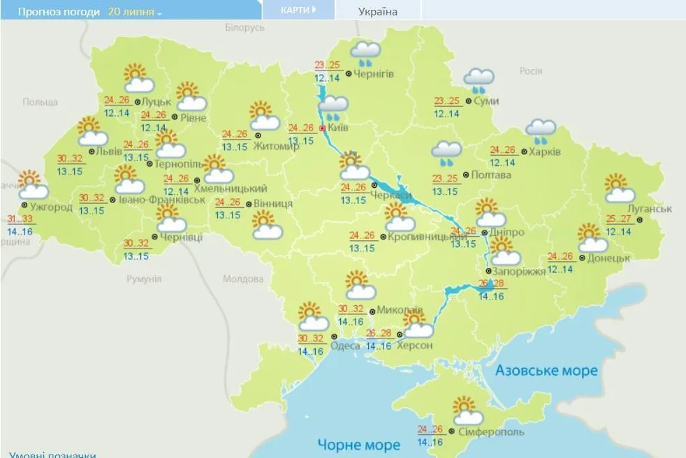 прогноз погоди на 20 липня