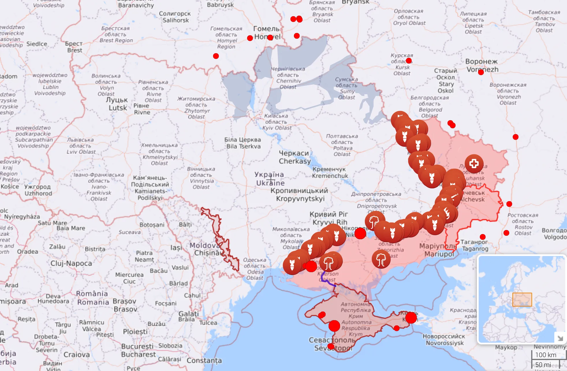 Карта боевых действий в Украине на 13 августа