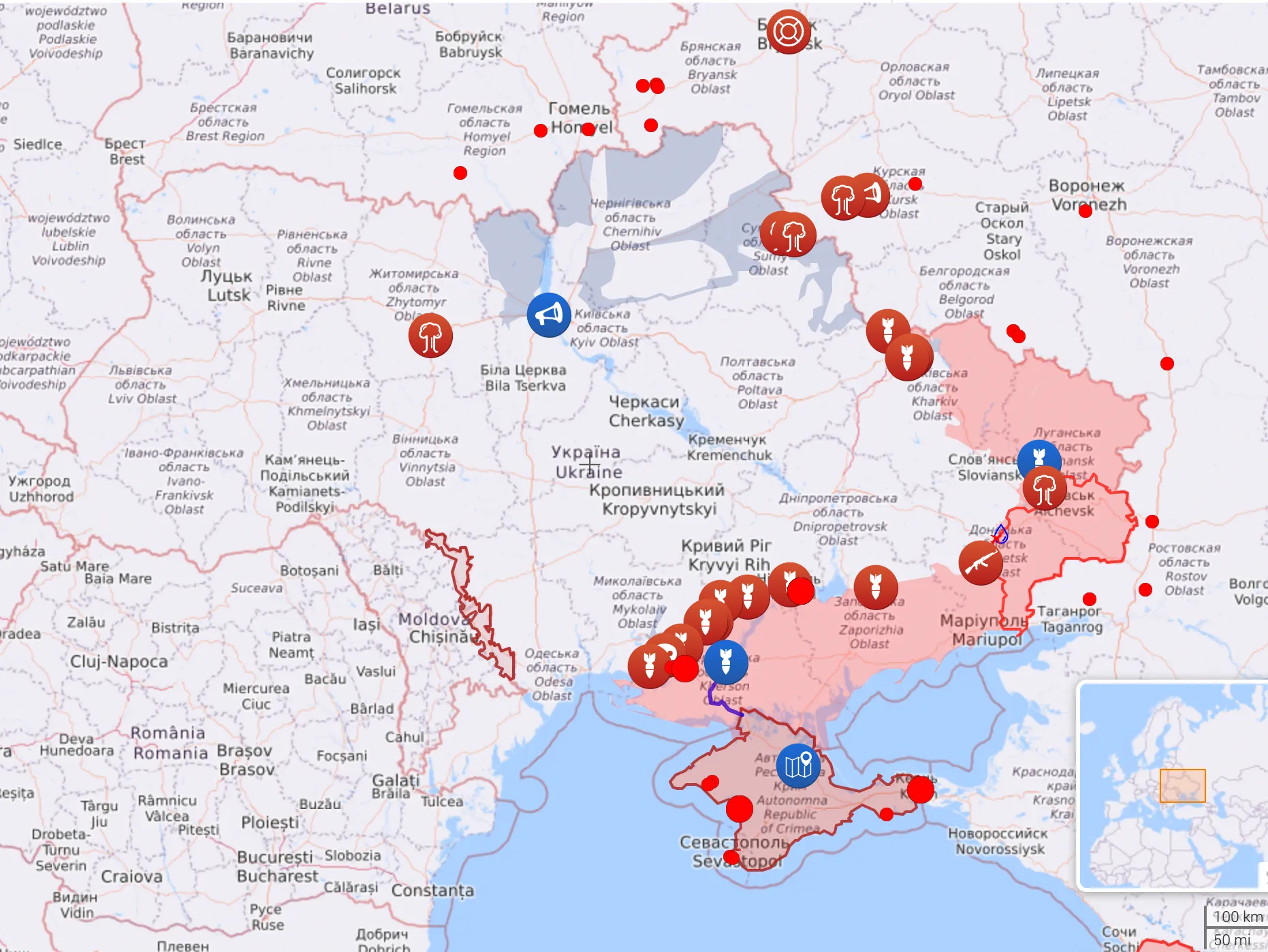 Карта боевых действий в Украине на 17 августа