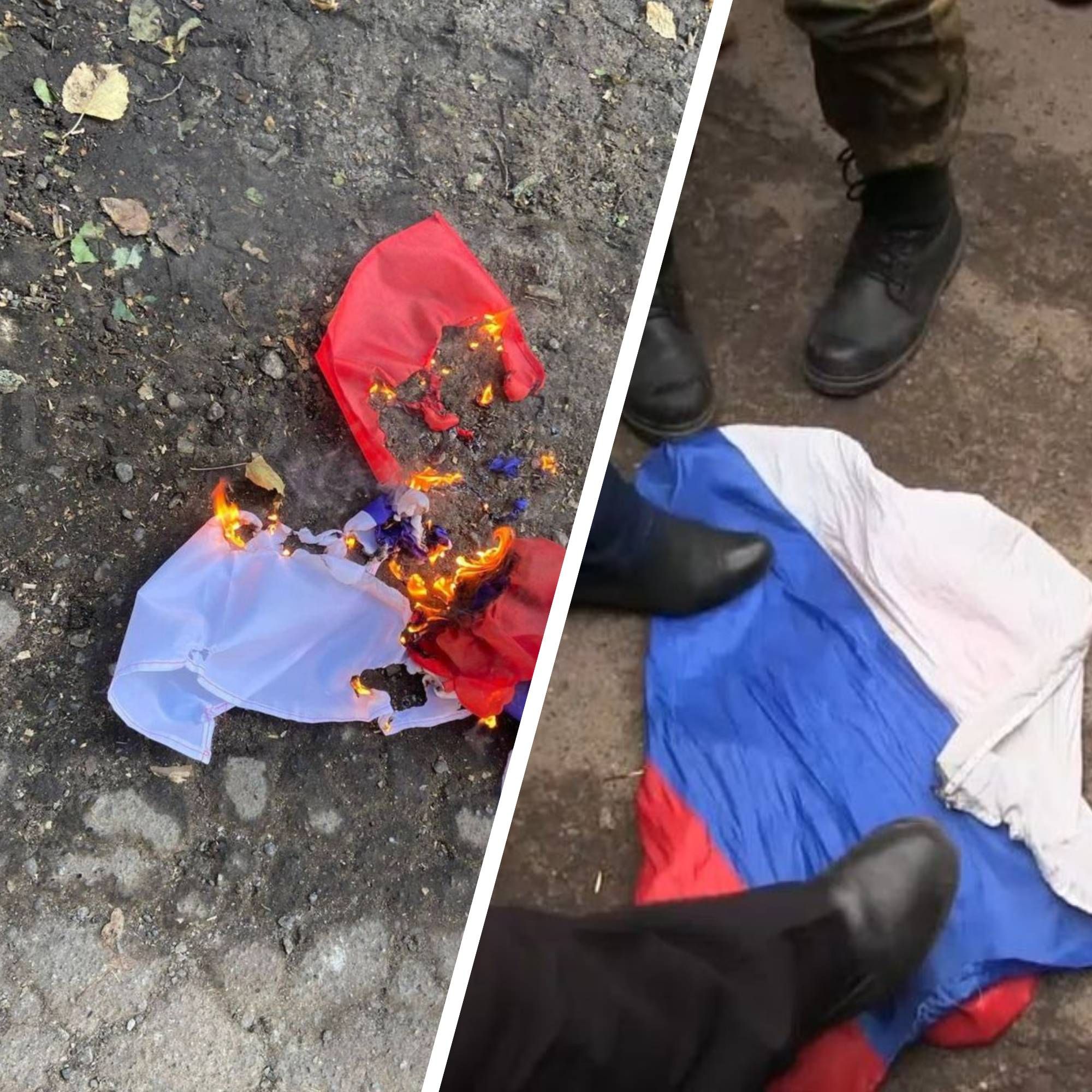 Оккупированные территории Украины - как украинцы сжигают российские флаги Оккупированные территории Украины - как украинцы сжигают российские флаги