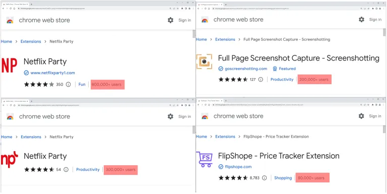 Некоторые из вредных расширений, найденных McAfee Некоторые из вредных расширений, найденных McAfee
