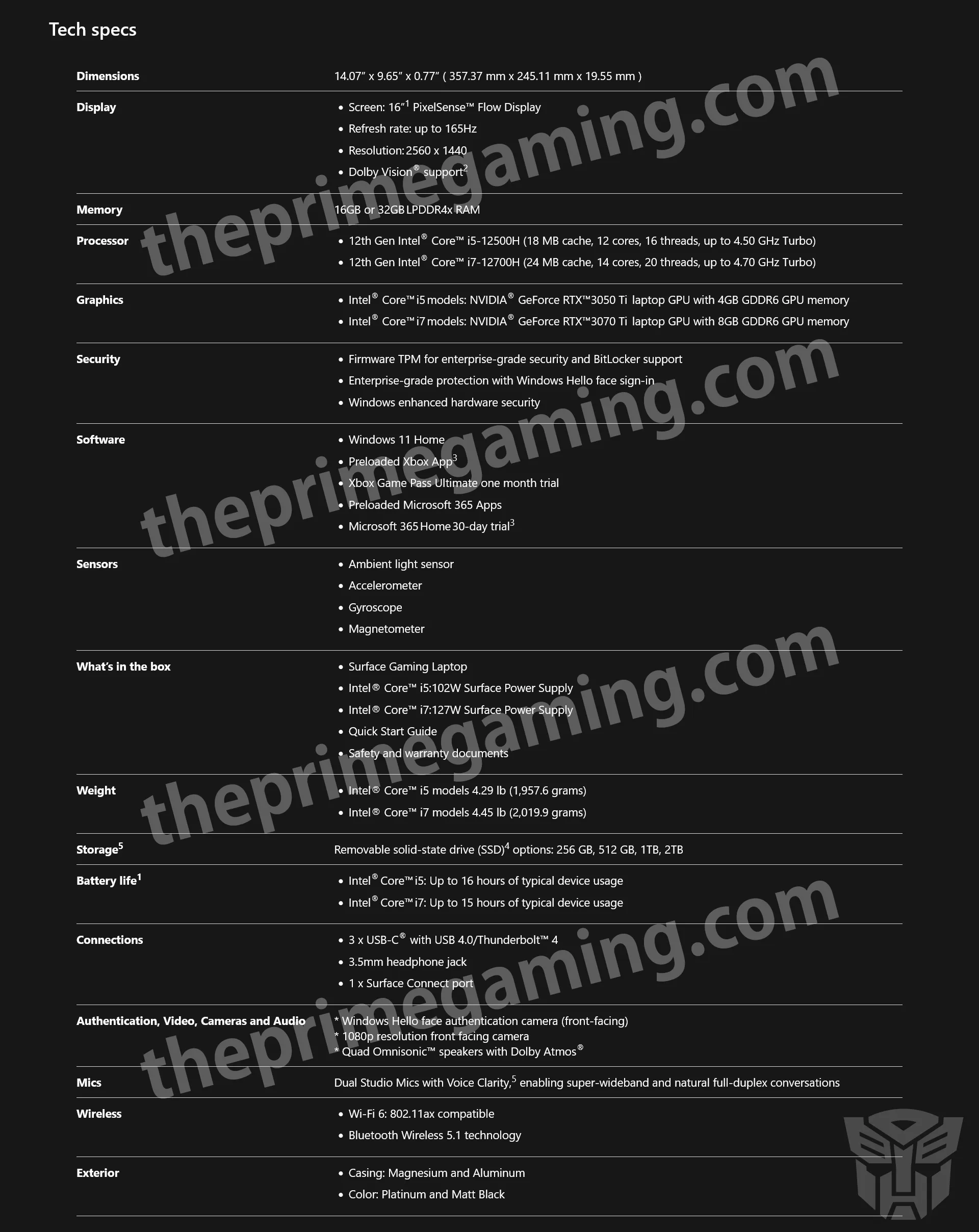Все характеристики Surface Gaming от Microsoft