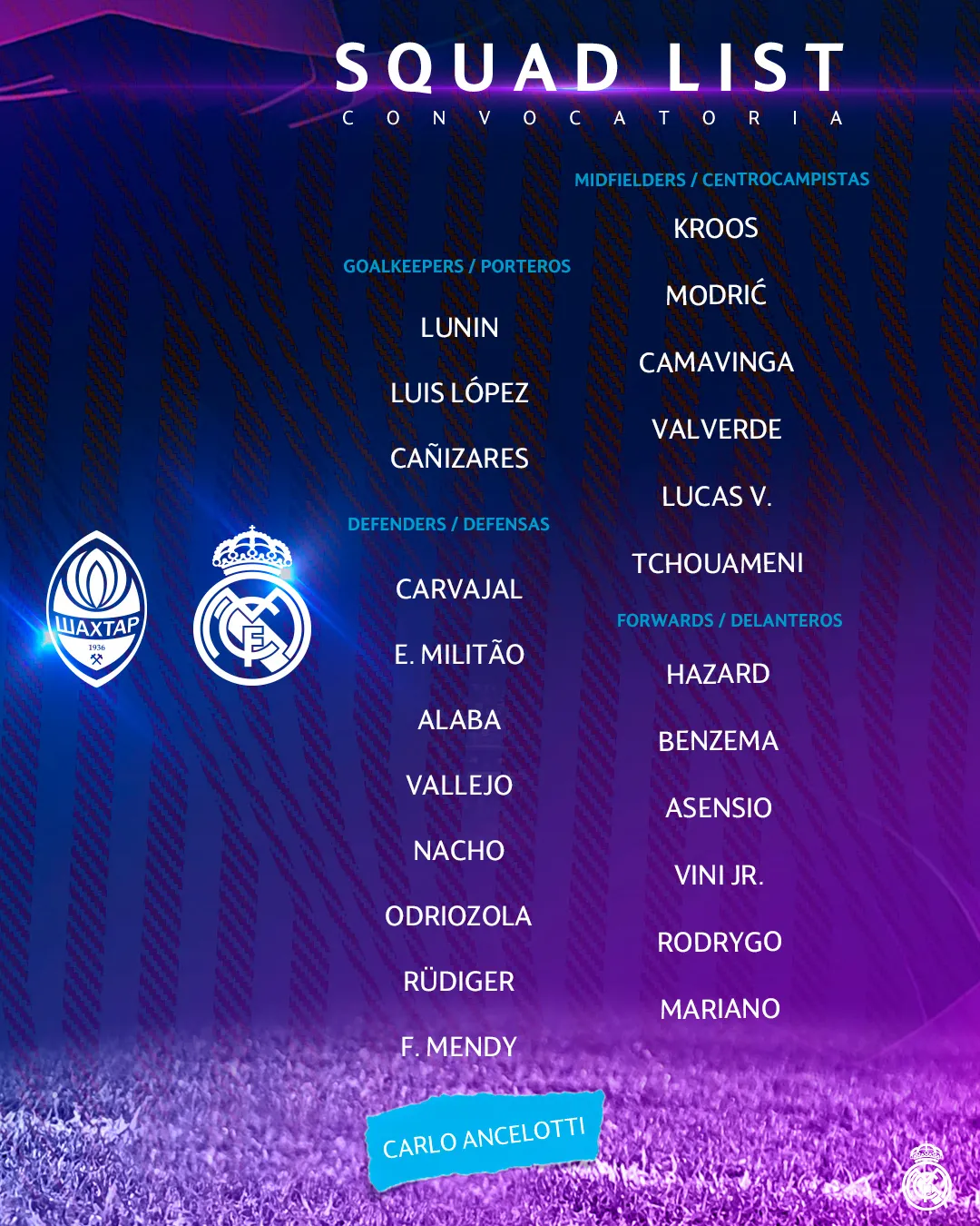 Заявка Реала на матч проти Шахтаря в ЛЧ Заявка Реала на матч проти Шахтаря в ЛЧ