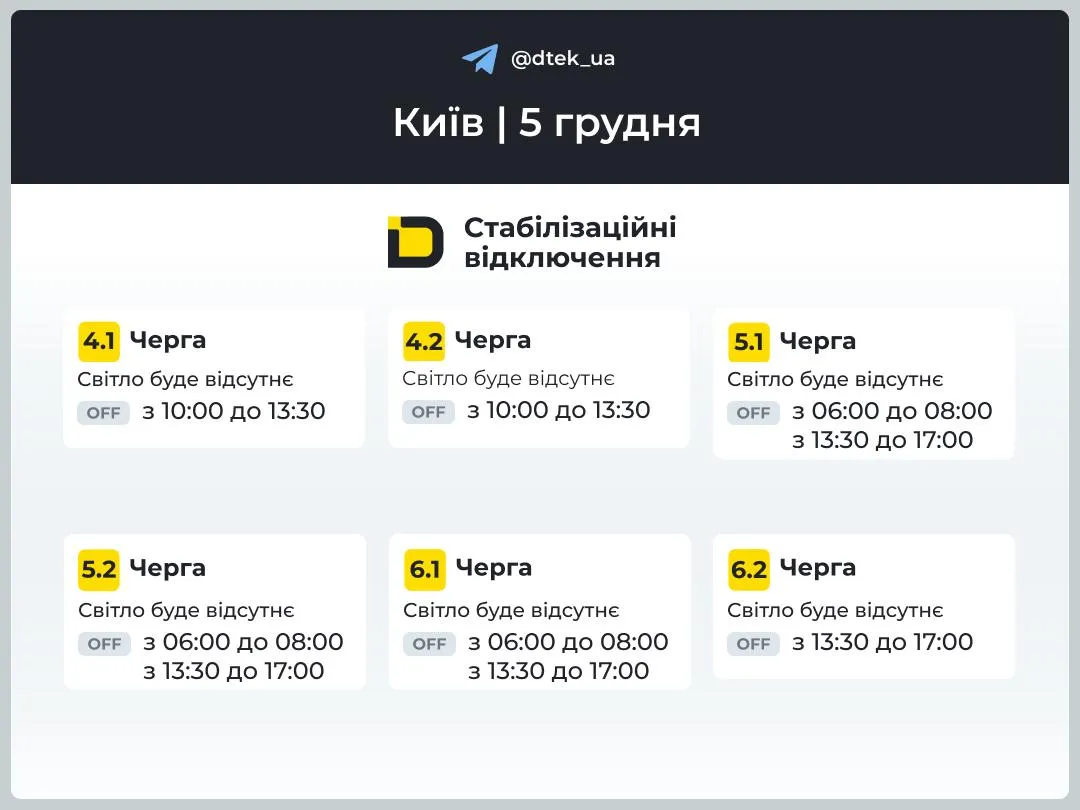 График отключения света в Киеве 5 декабря 