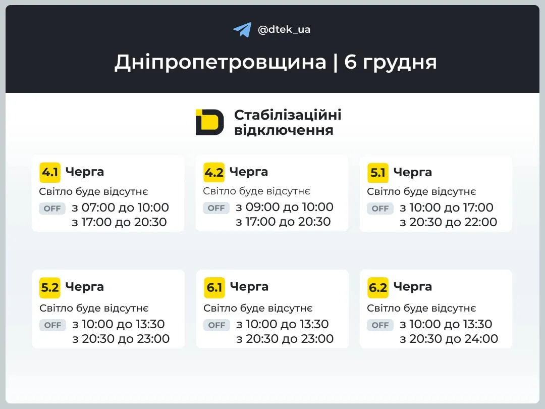 Графік відключень на Дніпропетровщині 6 грудня Графік відключень на Дніпропетровщині 6 грудня
