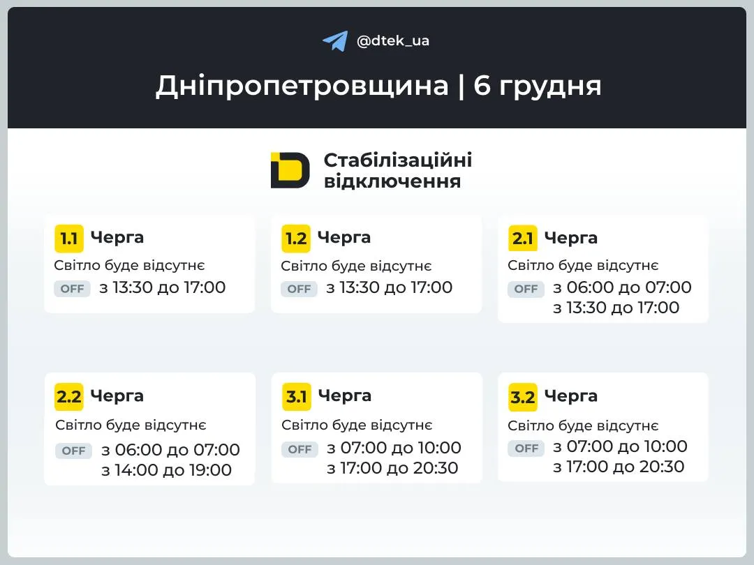 Графік відключень на Дніпропетровщині 6 грудня Графік відключень на Дніпропетровщині 6 грудня