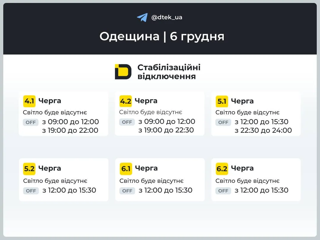 Графік відключень на Одещині 6 грудня Графік відключень на Одещині 6 грудня