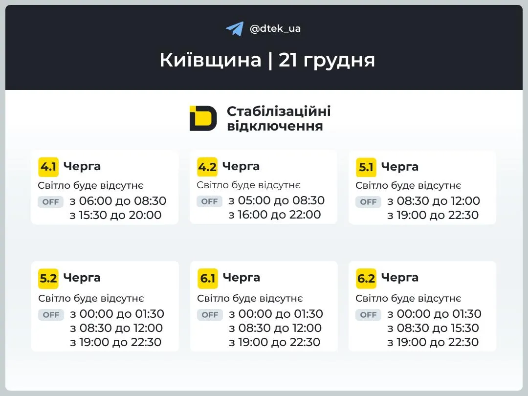 Графіки відключень світла в Київській області на 21 грудня Графіки відключень світла в Київській області на 21 грудня