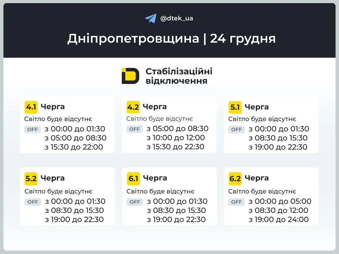 Графік відключень на Дніпропетровщині 24 грудня