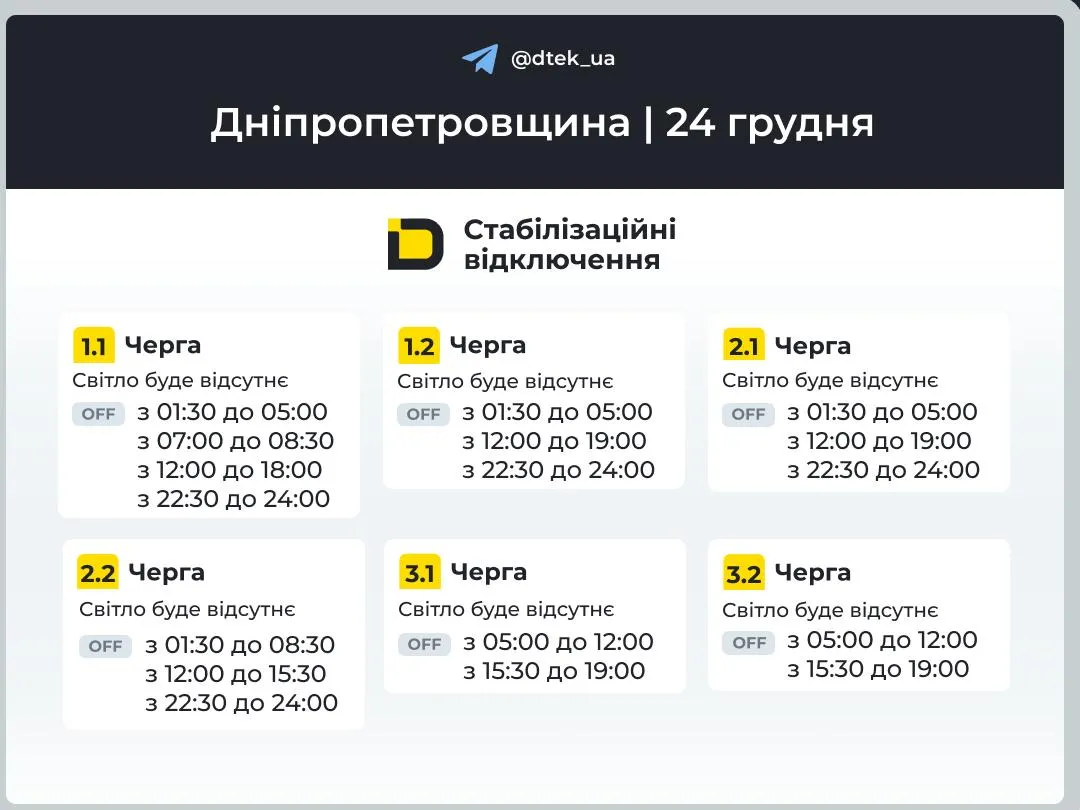 Графік відключень на Дніпропетровщині 24 грудня
