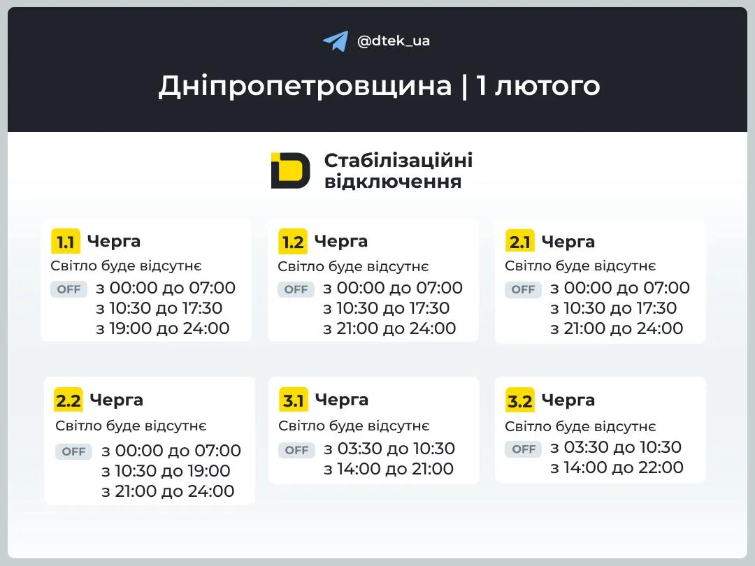 Погодинні відключення на Дніпропетровщині Погодинні відключення на Дніпропетровщині