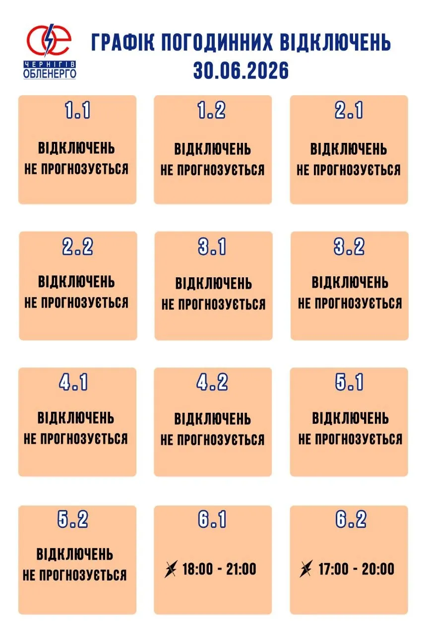 Відключення світла у Чернігівській області 30 червня